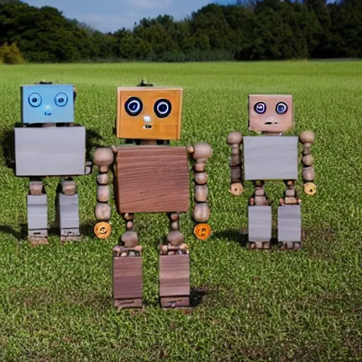 Prompt: Happy anthropromorphic robots made out of wood working in the fields