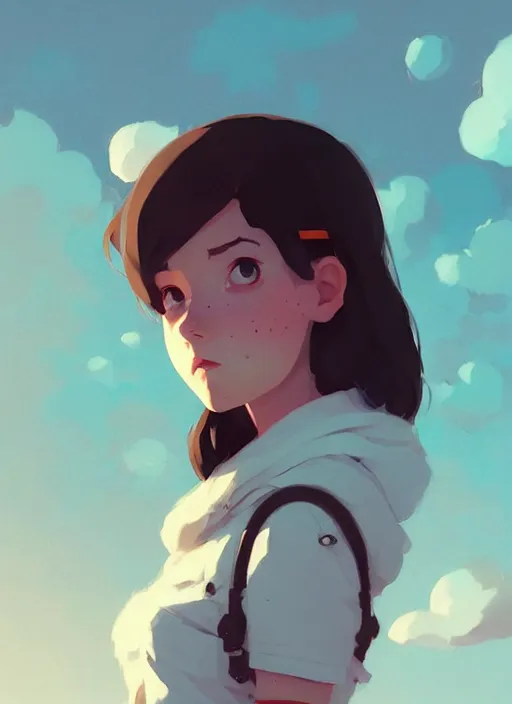 Image similar to portrait of cute girl, cloud sky background, by atey ghailan, by greg rutkowski, by greg tocchini, by james gilleard, by joe gb fenton, by kaethe butcher, dynamic lighting, gradient light blue, brown, blonde cream and white color in scheme, grunge aesthetic