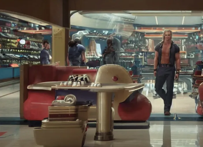 Image similar to film still of Thor working at the shoe counter in a bowling alley in the new Avengers movie, 4k