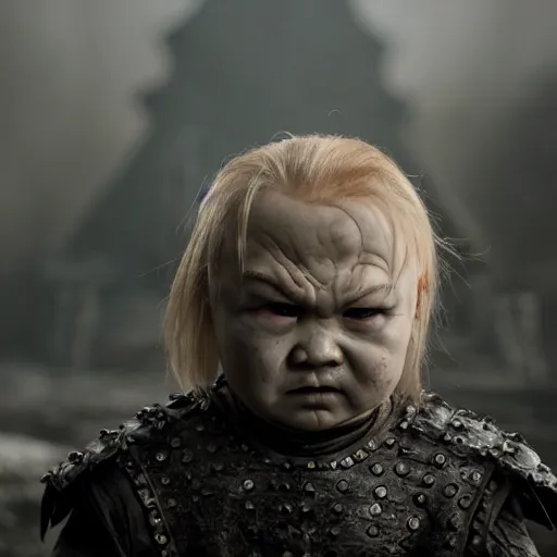 Image similar to justin sun as chucky in game of thrones, 4 k, epic, cinematic, focus, movie still, fantasy, serious, extreme detail, atmospheric, dark colour, sharp focus