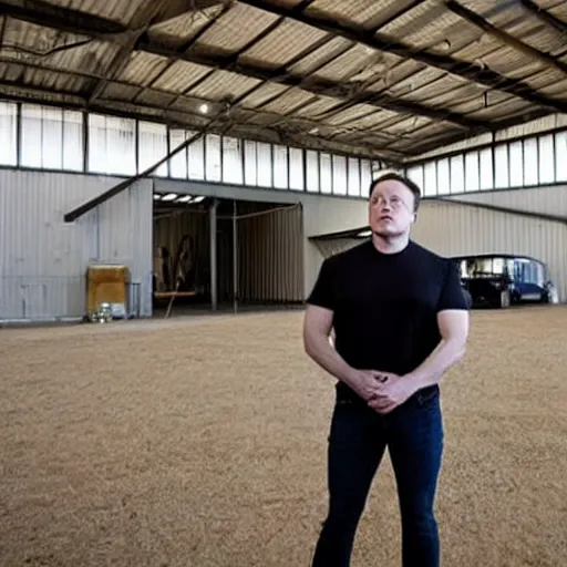 Prompt: Elon musk standing in front of a Barndominium, large metal home