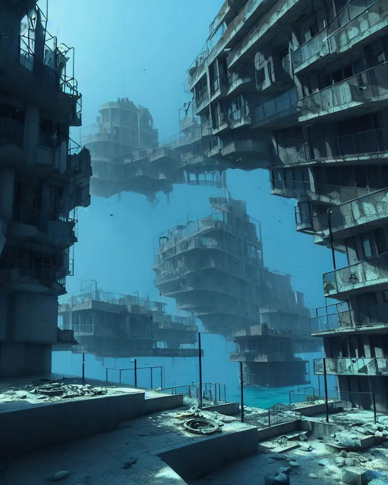 Image similar to an abandoned underwater Barcelona city, post-apocalyptic, metaphysical painting, cgsociety, rendered in unreal engine