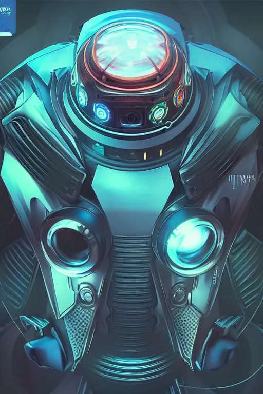 Image similar to ultradetailed retro-futurist illustration of a robot with a menacing stare, radiating glowing color, digital airbrush painting, hyperrealistic masterpiece, artstation, cgsociety, golden ratio