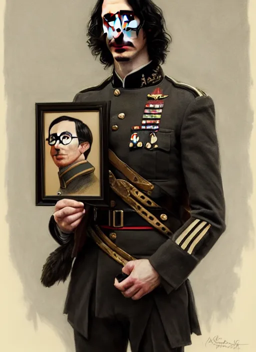 Image similar to a portrait of john oliver holding a portrait of adam driver, military uniform, fantasy, intricate, elegant, beautiful, highly detailed, charcoal, centered, dark, smokey, digital painting, artstation, concept art, smooth, sharp focus, illustration, art by artgerm and greg rutkowski and alphonse mucha