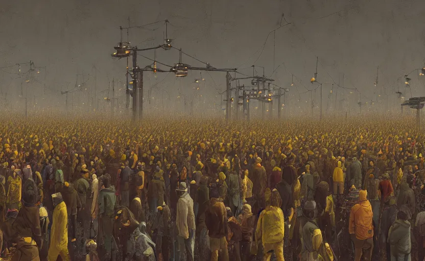 Image similar to an intricate matte painting of a crowd of people, by simon stalenhag, rust, yellow and black trim, trending on artstation, hdr, 8 k