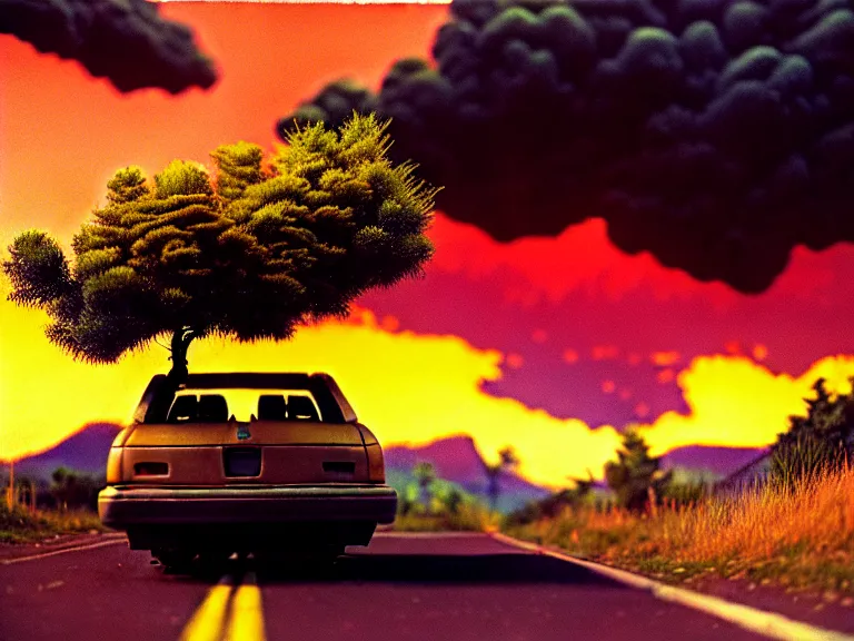 Image similar to low angle shot of tree growing inside scrap car in the foreground. overgrown. soft golden red sunset over the mountains in the background. clouds. detailed leaves, the style of 1 9 9 0's cg graphics against the cloudy night sky, lsd dream emulator psx, 3 d rendered y 2 k aesthetic by ichiro tanida, 3 do magazine, wide shot