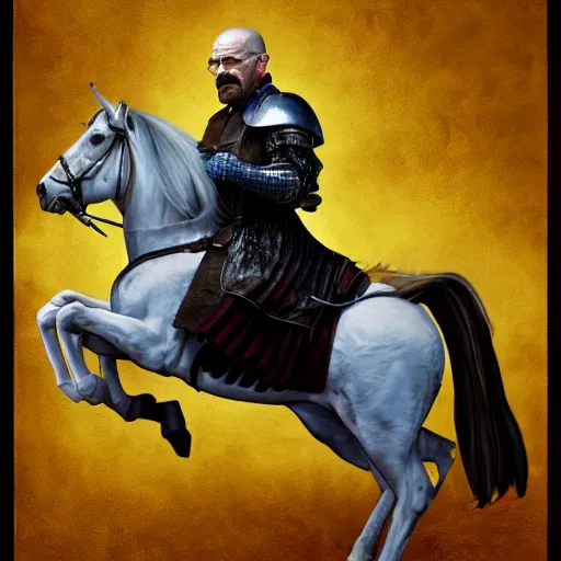 Prompt: walter white from breaking bad wearing medieval armor and riding a horse, matte oil painting