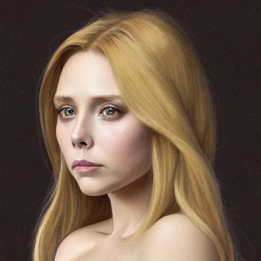 Image similar to Young blonde elizabeth olsen, highly detailed, digital painting, artstation, concept art, smooth, sharp focus, illustration, ArtStation, art by artgerm and greg rutkowski and alphonse mucha and J. C. Leyendecker and Edmund Blair Leighton and Katsuhiro Otomo and Geof Darrow and Phil hale and Ashley wood and Ilya repin and Charlie Bowater