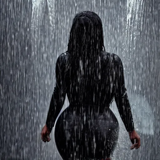 Prompt: kim kardashian leaning against a wall caught in the rain, soaked hair, wet body, wet clothing, 4k HD award winning photograph, wide shot, long depth of field