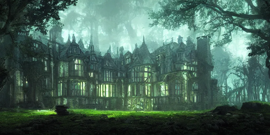 Prompt: beautiful render of a manor in the middle of the forest, unreal engine,, at night, medieval!!!!, green, dark blue!!!!, bright, artstation, detailled, manga!!!, fantasy!!!!!! by greg rutkowski