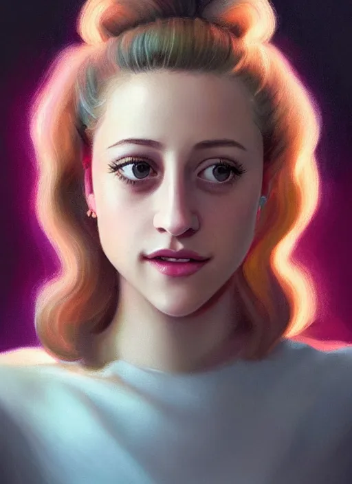 Image similar to portrait of lili reinhart with fluffy bangs, smiling kindly, bangs, 1 9 6 0 s, ponytail, curly bangs and ponytail, rounder face, intricate, elegant, glowing lights, highly detailed, digital painting, artstation, concept art, smooth, sharp focus, illustration, art by wlop, mars ravelo and greg rutkowski