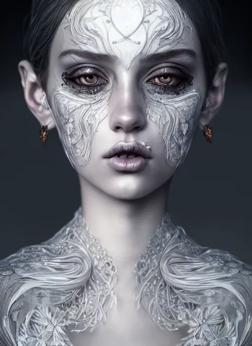 Image similar to portrait of an absurdly beautiful, graceful, sophisticated, fashionable dark witch, hyperdetailed illustration by irakli nadar and vania zouravliov, matt wisniewski style, intricate linework, white porcelain skin, day - glow face paint, unreal engine 5 highly rendered, global illumination, radiant light, detailed and intricate environment
