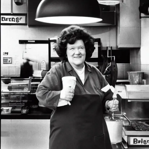 Prompt: color photo of julia child working at burger king