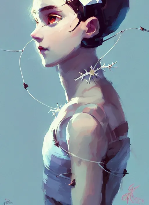 Image similar to portrait of cute ballerina girl with crown of thorns and white short hairs, warhammer, cyberpunk, by atey ghailan, by greg rutkowski, by greg tocchini, by james gilleard, by joe gb fenton, by kaethe butcher, dynamic lighting, gradient light blue, brown, blonde cream and white color in scheme, grunge aesthetic