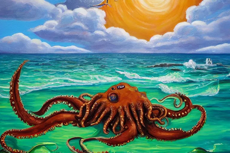 Image similar to a happy sunny oil painting of a kraken devouring the ancient home of the baby seals, bright sunny day with puffy clouds, relaxing