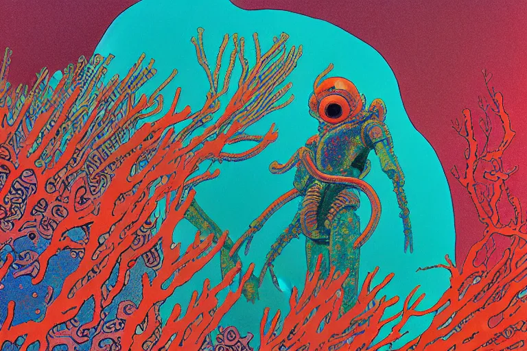 Prompt: risograph grainy drawing vintage sci - fi, satoshi kon color palette, gigantic gundam full - body covered in iridescent dead coral reef 1 9 6 0, kodak, with lot tentacles, natural colors, codex seraphinianus painting by moebius and satoshi kon and dirk dzimirsky close - up portrait