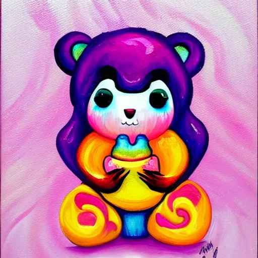 Image similar to a jeremiah ketner and lisa frank acrylic impasto!! painting of an adorable and cute bear eating candy