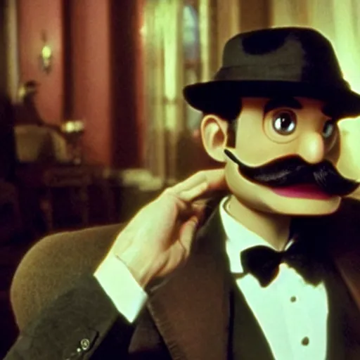 Image similar to movie still of waluigi in the godfather