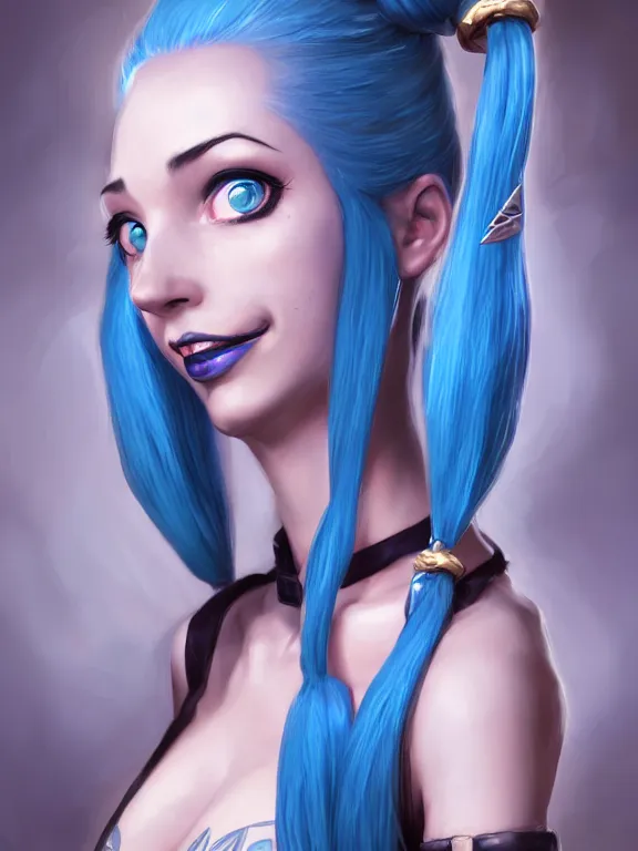 Prompt: a Portrait of JINX from League of Legends, blue hair, pigtail, intricate, elegant, highly detailed, digital painting, concept art, smooth, sharp focus, illustration, by Alex Horley,Heather Theurer,aaron horkey,Greg Rutkowski,artstation,deviantart,FAN ART,Unreal Engine,face enhance,8K,golden ratio,cinematic lighting