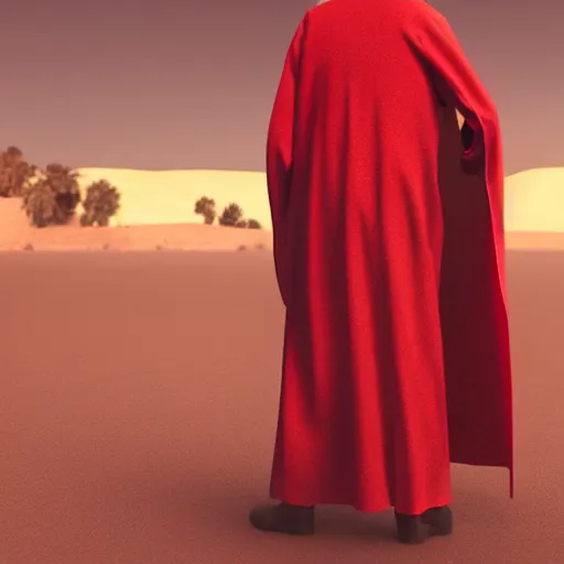 Prompt: an evil priest wearing red robes walking in a desert, sunny weather, rendered in octane, realistic, 8 k, vivid, intricate, detailed, mist