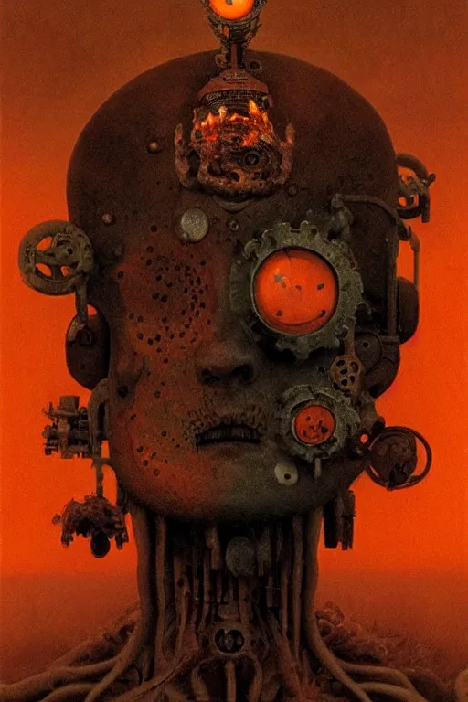 Prompt: by beksinski, by diane arbus!!!, photorealistic head portrait of a mechanical occult shaman mystic with orange shiny steampunk headdress standing in front of a butane fire next to mechanical shrubs in a desolate desert at night, dramatic lighting, octane render, hyperrealism, photorealism, facing camera,