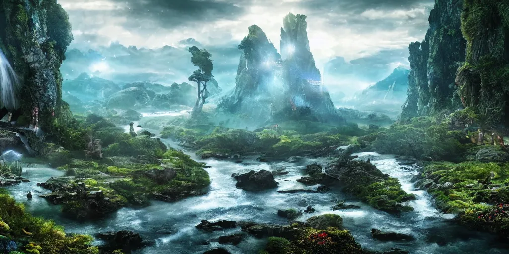 Image similar to beautiful and immersive magical town, magical buildings, bioluminescent forest surrounding, gentle rivers flowing through town, award - winning cinematography - cinematic lighting, dramatic lighting, hdr, 4 k, stunning and beautiful view - unbelievably amazing - highly detailed, hyperrealistic, in the style of lord of the rings and pan's labyrinth