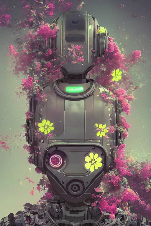 Prompt: a digital painting of a robot with flowers, cyberpunk art by Mike Winkelmann, cgsociety, panfuturism, made of flowers, dystopian art, vaporwave