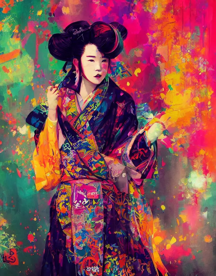 Image similar to a portrait of a geisha wearing a colorful kimono with graffiti tags, volume lighting, concept art, by greg rutkowski!!, colorful, xray melting colors!!