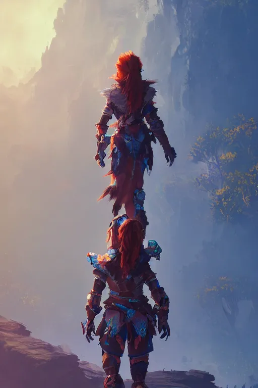 Image similar to combination suit armor aloy horizon forbidden west horizon zero dawn radiating a glowing aura global illumination ray tracing hdr fanart arstation by ian pesty and alena aenami artworks in 4 k tribal robot ninja mask helmet backpack