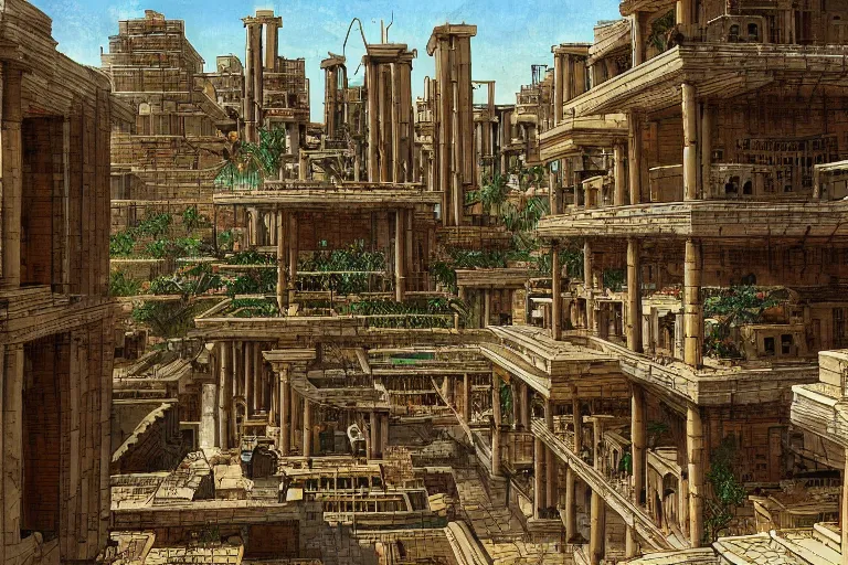 Image similar to ancient city of Babylon, hanging gardens of babylon. Robot mechas roaming the streers of ancient babylon. By isaac newton, highly detailed