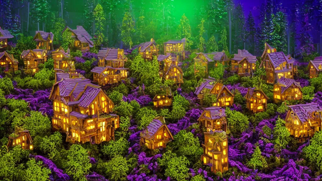 Image similar to portrait of an ethereal vaporwave wooden village made of golden lavender and green light, evergreen forest, divine, cyberspace, mysterious, high-contrast, 4k, award-winning photograph