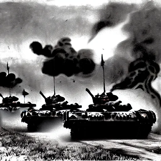 Image similar to black and white photo Dragons in Battle of Kursk WWII, dragons flying, tanks