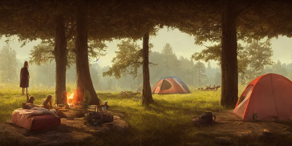 Image similar to looking out a window to see two women camping, elegant scene, low angle, wide angle, indian forest, wide angle, cinematic, ultrarealistic, trending on artstation, cgsociety, highly detailed, color graded, rendered in unreal engine 4 k hq, matte painting, by simon stalenhag and hudson river school, horizon forbidden west