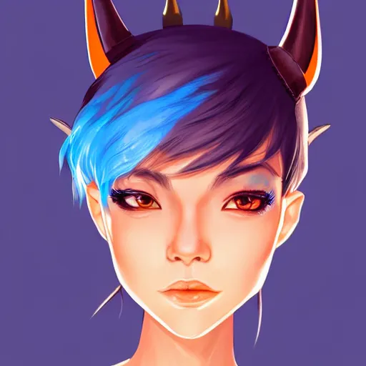 Image similar to illustrated realistic tilted head portrait female prong-horned kobold with blue bob hair and solid dark eyes wearing strap leather armor, orange glow, backlit by rossdraws