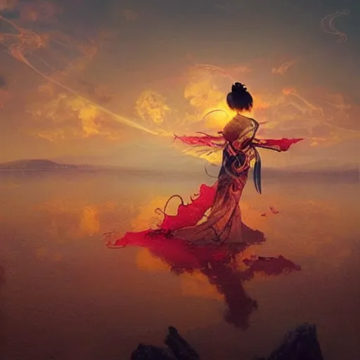 Image similar to beautiful geisha flying over a lake filed with molten gold, volume lighting, concept art, by greg rutkowski, dramatic, xray melting colors!!