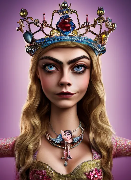 Image similar to closeup face profile portrait of a tin toy cara delevingne as a fairytale princess wearing a crown, bikini, depth of field, zeiss lens, detailed, symmetrical, centered, fashion photoshoot, by nicoletta ceccoli, mark ryden, lostfish, breathtaking, 8 k resolution, extremely detailed, beautiful, establishing shot, artistic, hyperrealistic, octane render