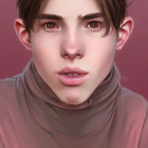 Image similar to ultra realistic illustration, young man in a pink sweatshirt, brown hair, pink bunny ears, cute, highly detailed, digital painting, artstation, concept art, smooth, sharp focus, illustration, art by artgerm and greg rutkowski and alphonse mucha