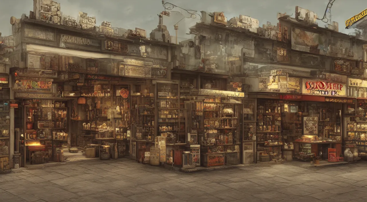 Prompt: A hyper realistic matte painting of a very small shop with a shady shopkeeper, new vegas style, vibrant, 4k, artstation, cgsociety