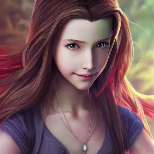 Prompt: portrait of aerith from final fantasy vii smiling, matte painting, ultra realistic, highly detailed, sharp focus, cinematic lighting, mood lighting, realistic, vivid colors, painting, photorealistic, digital art, non blurry, sharp, smooth, illustration