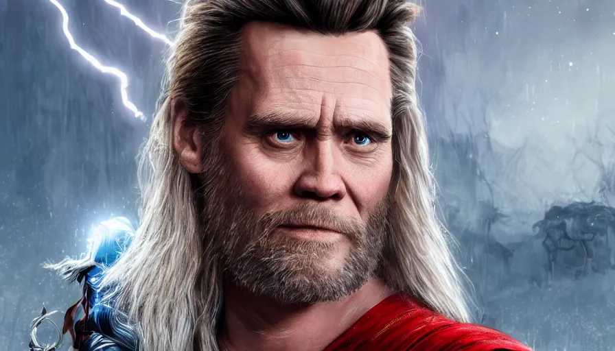 Prompt: Jim Carrey is Thor, hyperdetailed, artstation, cgsociety, 8k