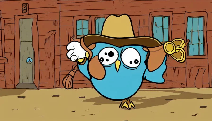 Image similar to 2000s cartoon show screenshot about a gunslinging owl from the wild west, wearing a cowboy hat an eye mask, standing in an old west town the animated show, in the style of cowboys of moo mesa