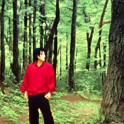 Image similar to a still of a 90s OVA of a man with black hair wearing a red shirt in a forest