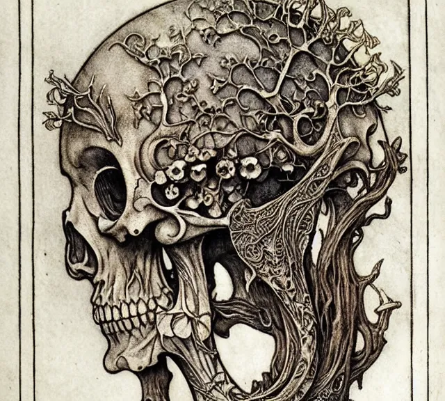 Image similar to memento mori by arthur rackham, art forms of nature by ernst haeckel, exquisitely detailed, art nouveau, gothic, ornately carved beautiful skull dominant, intricately carved antique bone, art nouveau botanicals, ornamental bone carvings, art forms of nature by ernst haeckel, horizontal symmetry, arthur rackham, ernst haeckel, symbolist, visionary