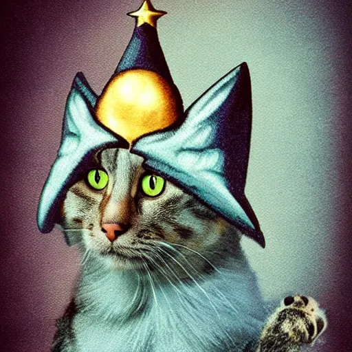 Prompt: cat with fantasy wizard hat