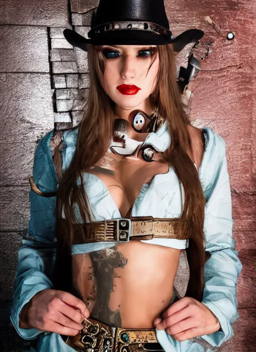 Image similar to full body photograph of a cyberpunk cowgirl beautiful face, intricate clothing, cinematic