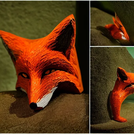 Prompt: Portrait photography of an Emerald fox sculpture with glowing orange eyes