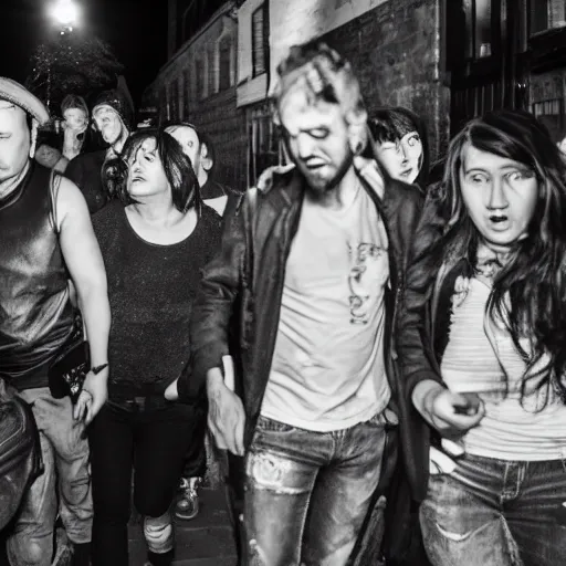 Image similar to Street photography, a group of people leaving a seedy nightclub at 3am, someone is smoking, someone is shouting