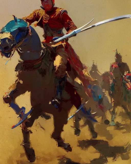 Image similar to close - up portrait of colorful rider pointing jousting lance at camera, caparisons, galloping, chainmail, by greg manchess, bernie fuchs, ruan jia, walter everett