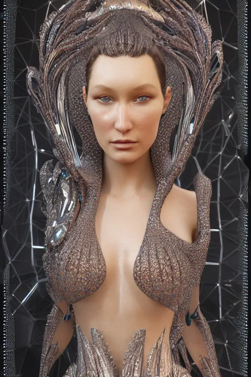 Image similar to a highly detailed metahuman 4 k render of an alien goddess bella hadid in iris van herpen dress schiaparelli in diamonds swarovski and jewelry in style of alphonse mucha trending on artstation made in unreal engine 4