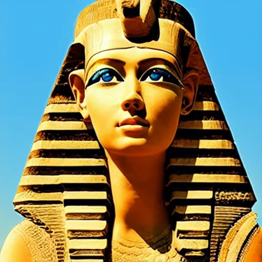 Prompt: cleopatra in ancient egypt in front of a pyramid, perfect, hyperrealistic and ultra detailed face , wild blue eyes and brown, short and straight hair